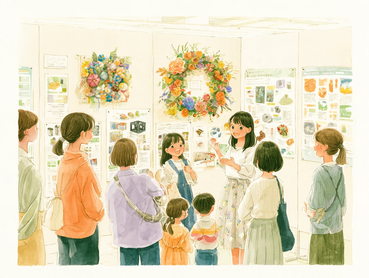 アグロラ祭で作品と研究を来場者に説明する生徒