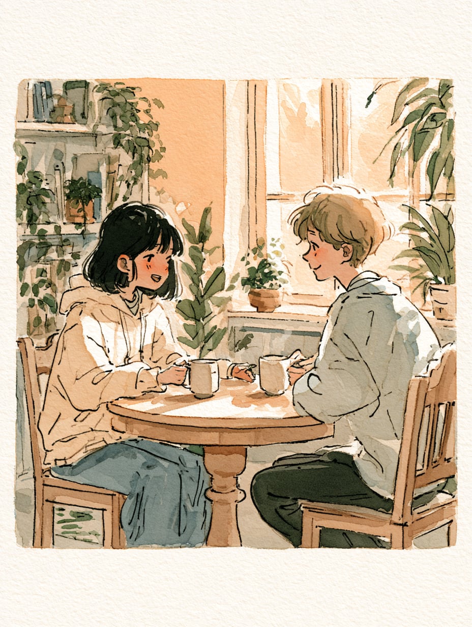 スタッフとお茶を飲みながら話す生徒