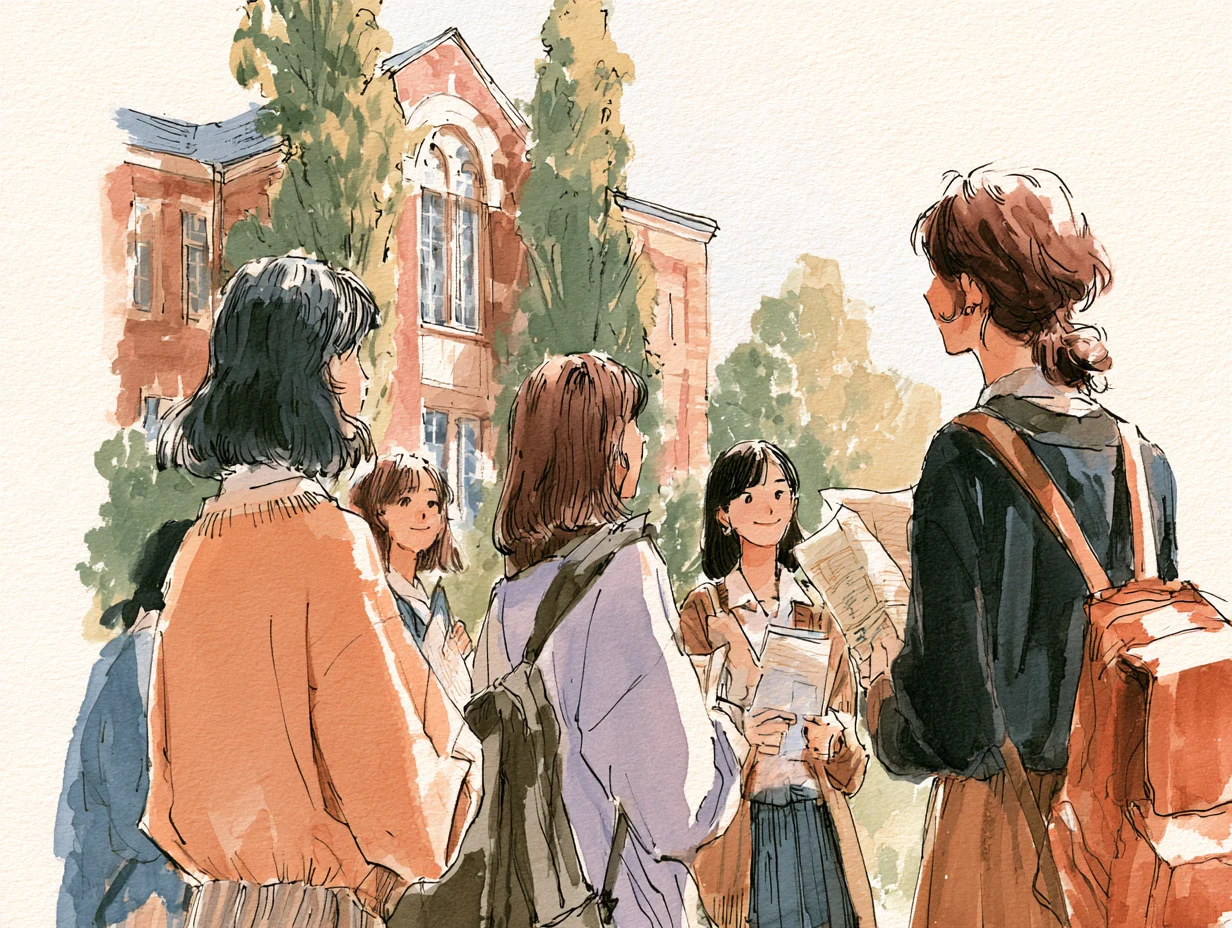 オープンキャンパスで大学の校舎を見上げる高校生たちの水彩イラスト