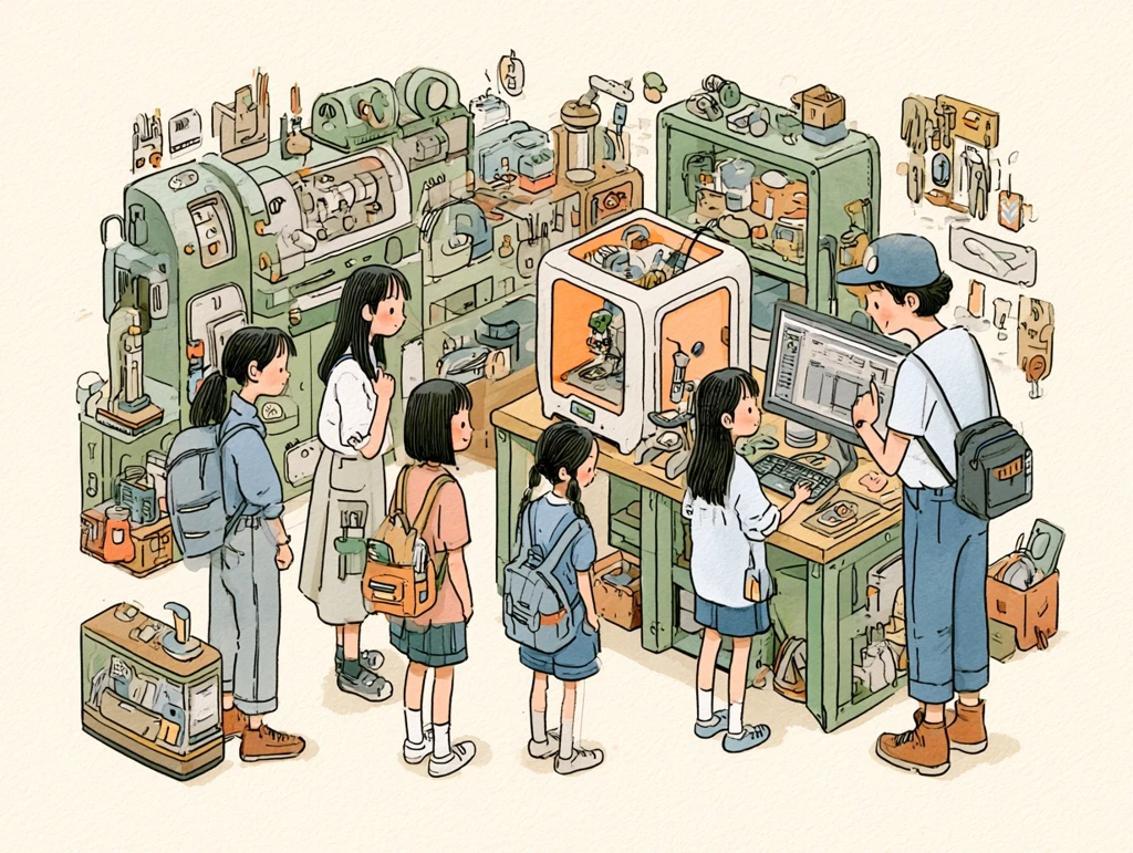 工場で3DプリンタとCAD画面を見学する高校生たちの水彩イラスト