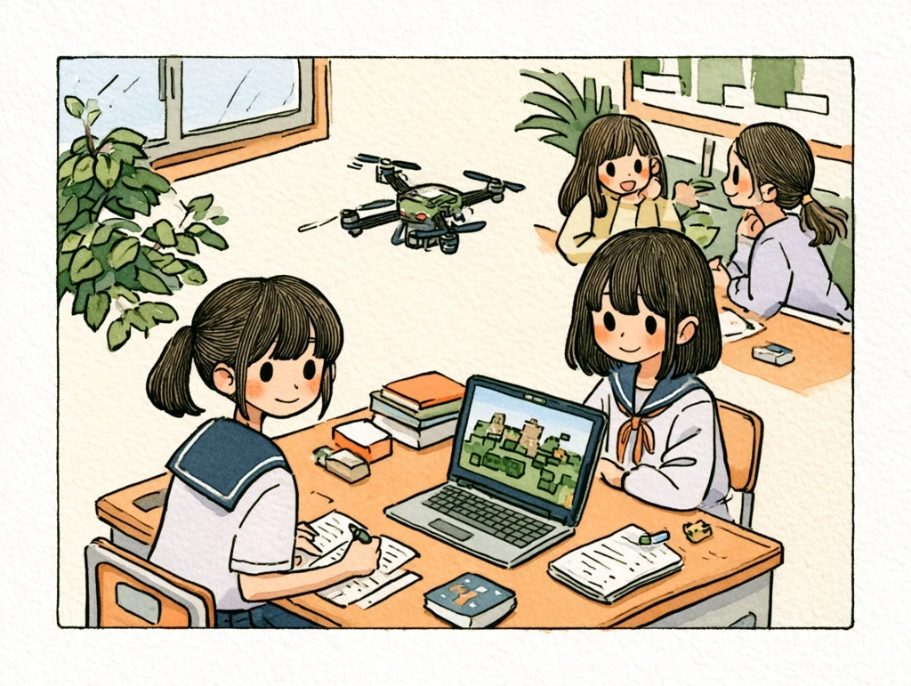 ドローンを飛ばす生徒とノートPCでプログラミングをする生徒たちの水彩イラスト