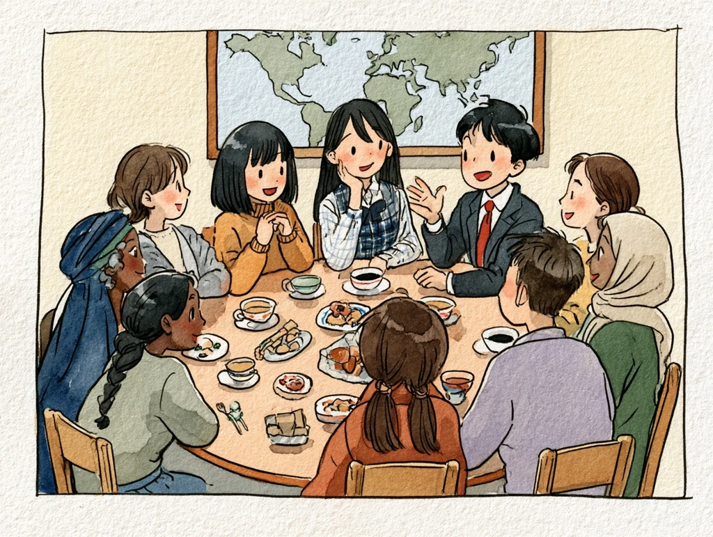 世界地図の前で多様な背景の人と語り合う高校生たちの水彩イラスト