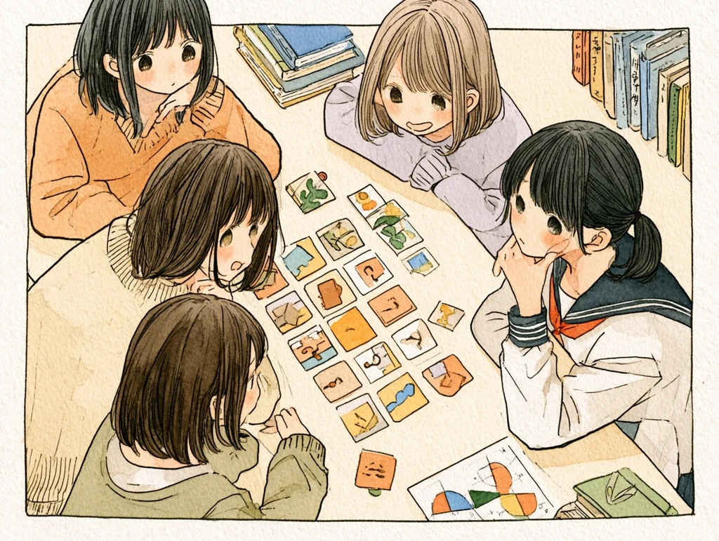 自作の心理テストカードを机に広げて考える高校生たちの水彩イラスト