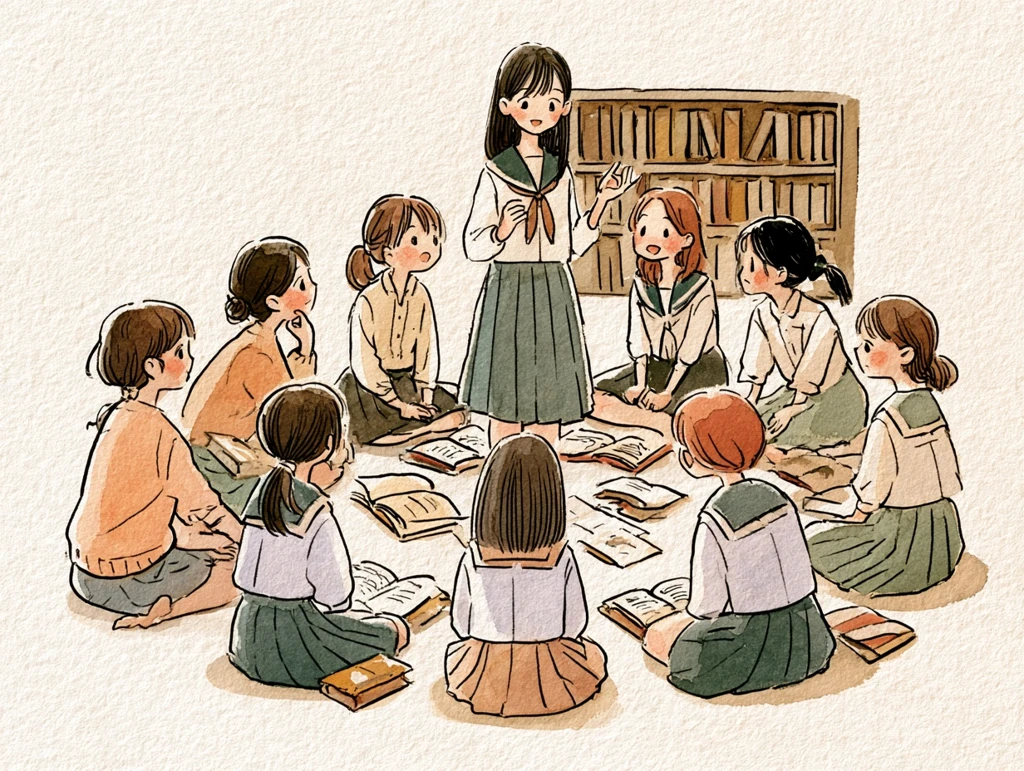 輪になって対話し、一人が立って話している高校生たちの水彩イラスト