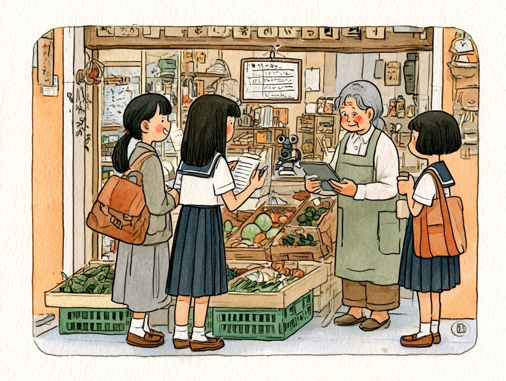八百屋さんに話を聞く高校生たちの水彩イラスト