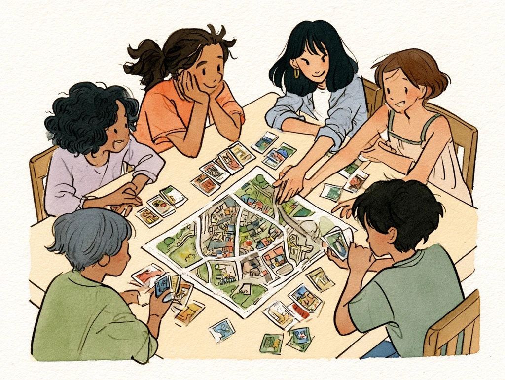 地域の地図とカードを囲んでゲームをする高校生たちの水彩イラスト