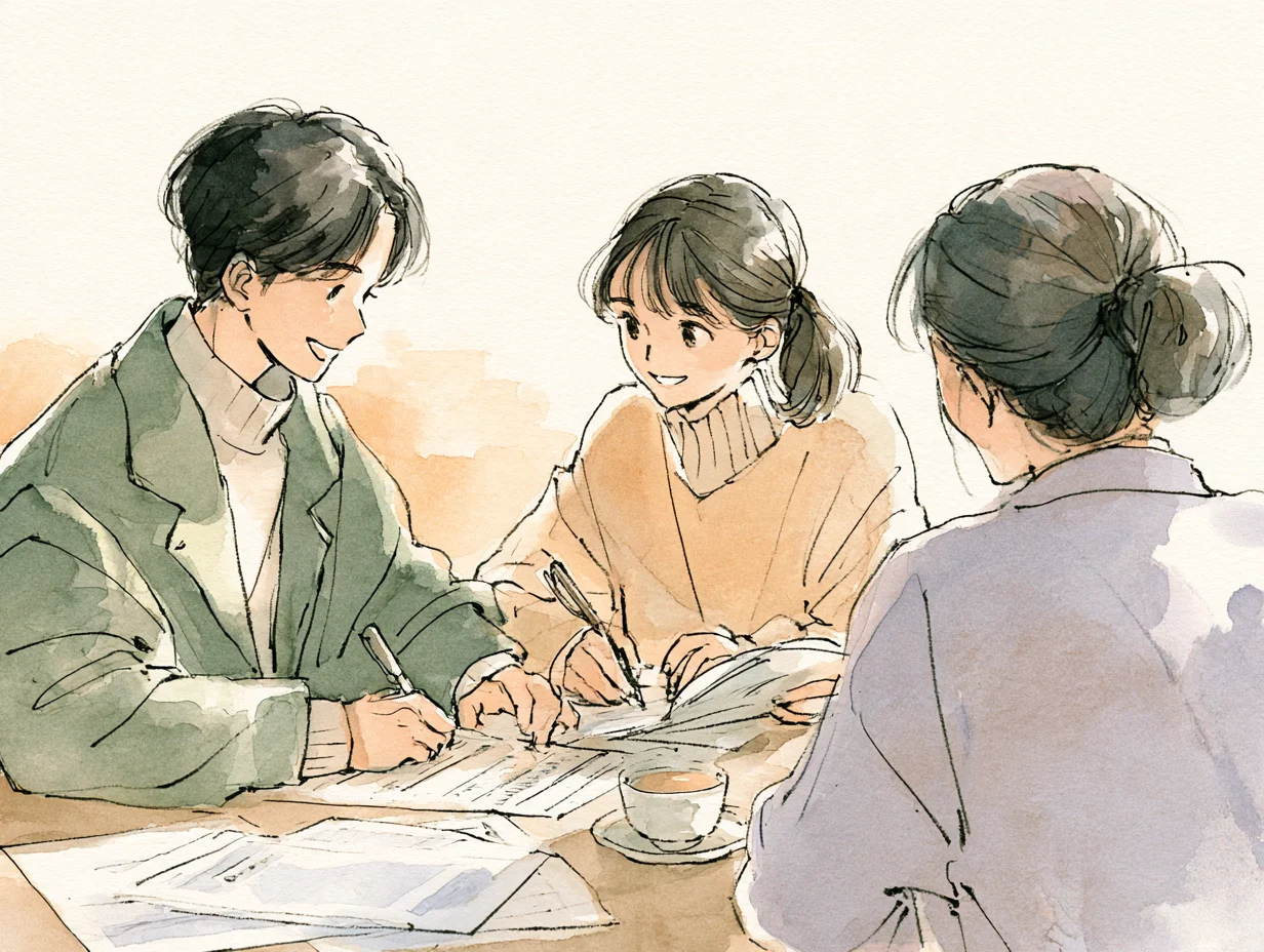 出願書類の書き方をスタッフに教わる生徒と保護者の水彩イラスト