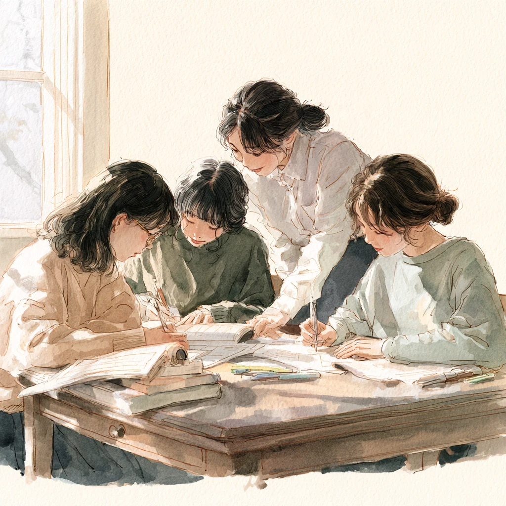 大きな机で教科書とレポートに取り組む生徒たちとスタッフの水彩イラスト