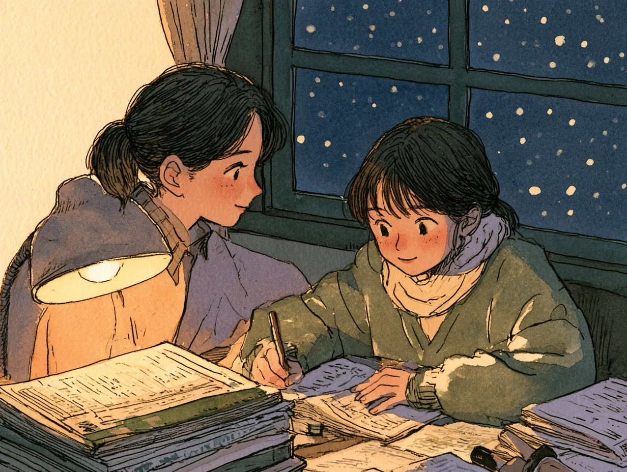 夜、スタンドの明かりの下で受験勉強をする生徒とスタッフの水彩イラスト