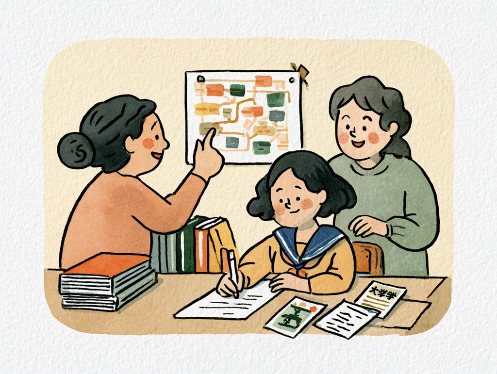メンターと一緒に志望理由書を書く高校生の水彩イラスト