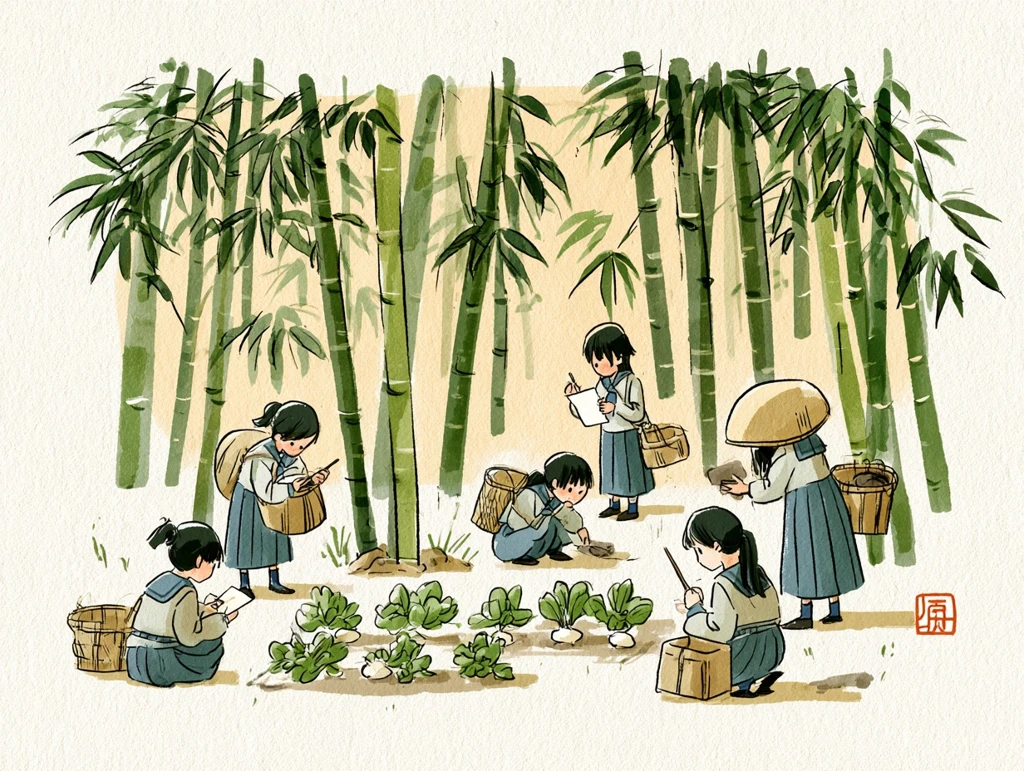 竹林と畑でフィールドワークをする高校生たちの水彩イラスト