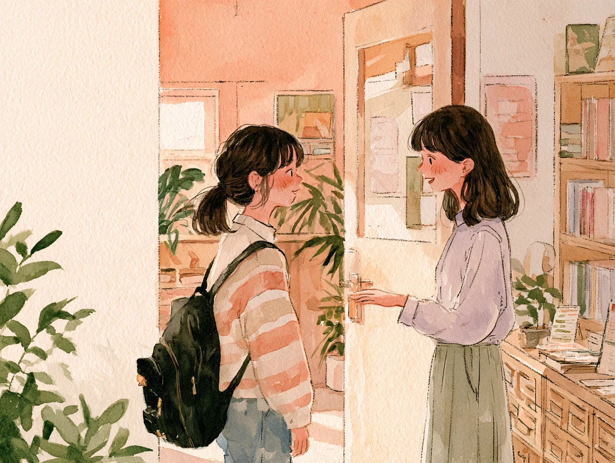 はじめて教室を訪ねた中学生を、スタッフが玄関で迎えている水彩イラスト
