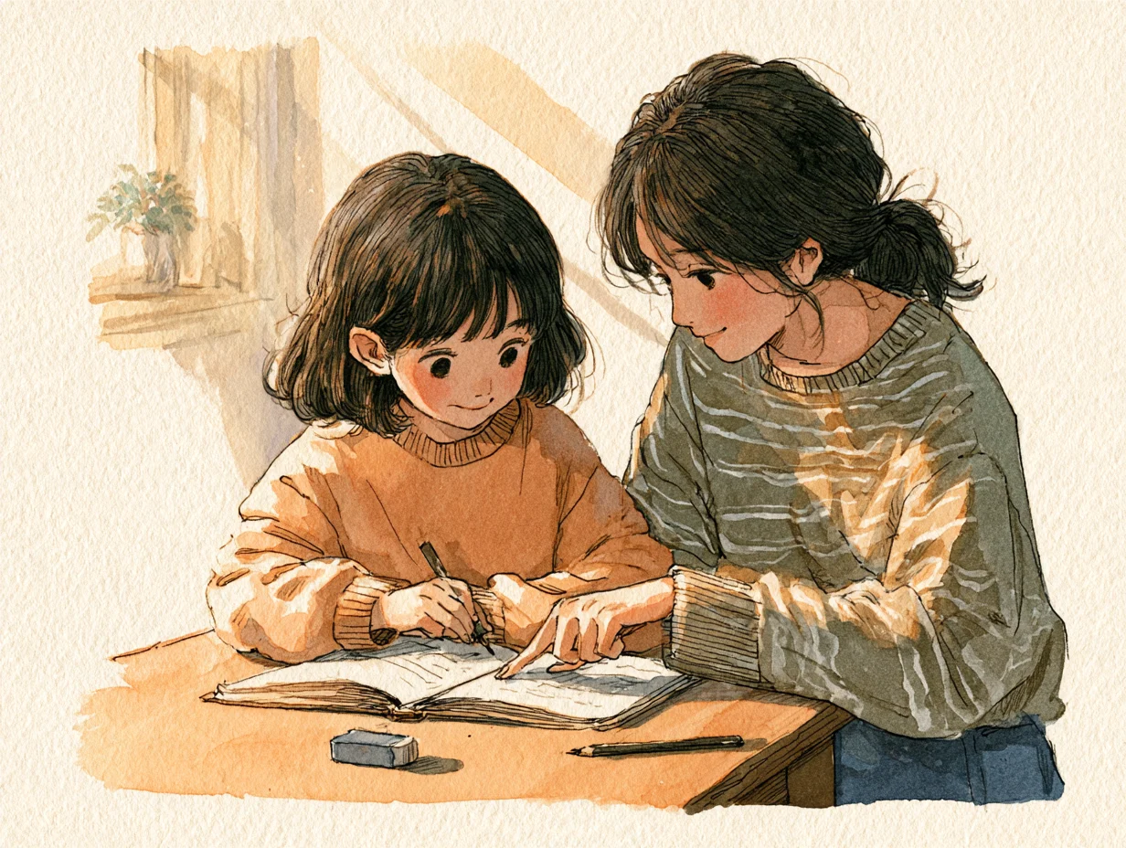 ノートを開いて基礎から学び直す中学生と、横で教えるスタッフの水彩イラスト