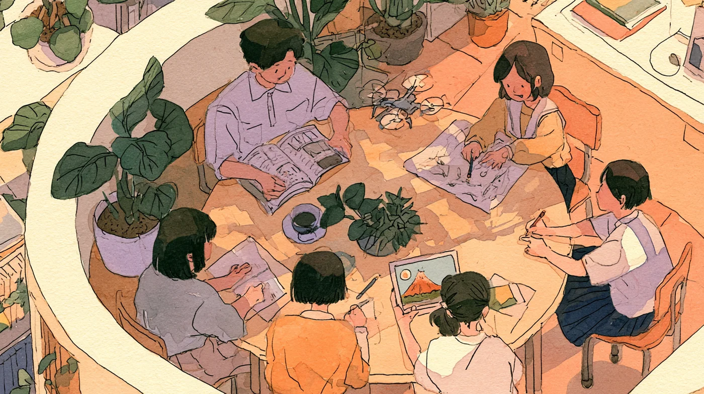 それぞれ違うことに取り組む生徒たちと、見守るスタッフの教室を上から見た水彩イラスト