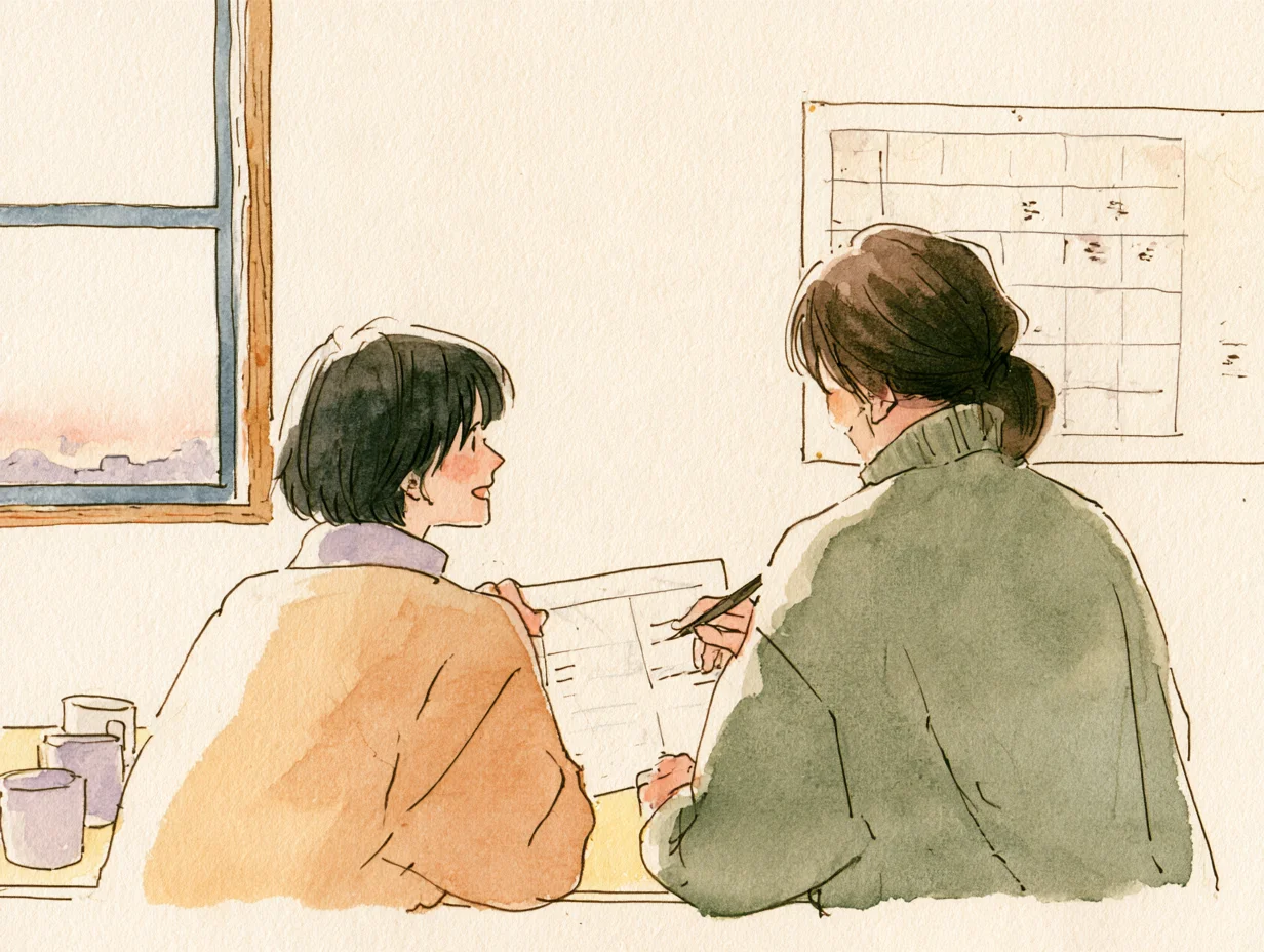 1日の終わりに週の予定表を一緒に見る生徒とスタッフの水彩イラスト