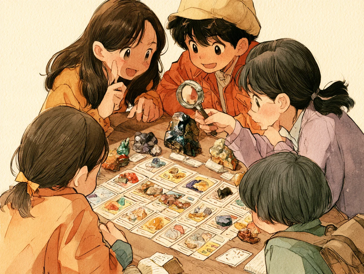 鉱物標本をルーペで観察し、カードと見比べる生徒たちの水彩イラスト