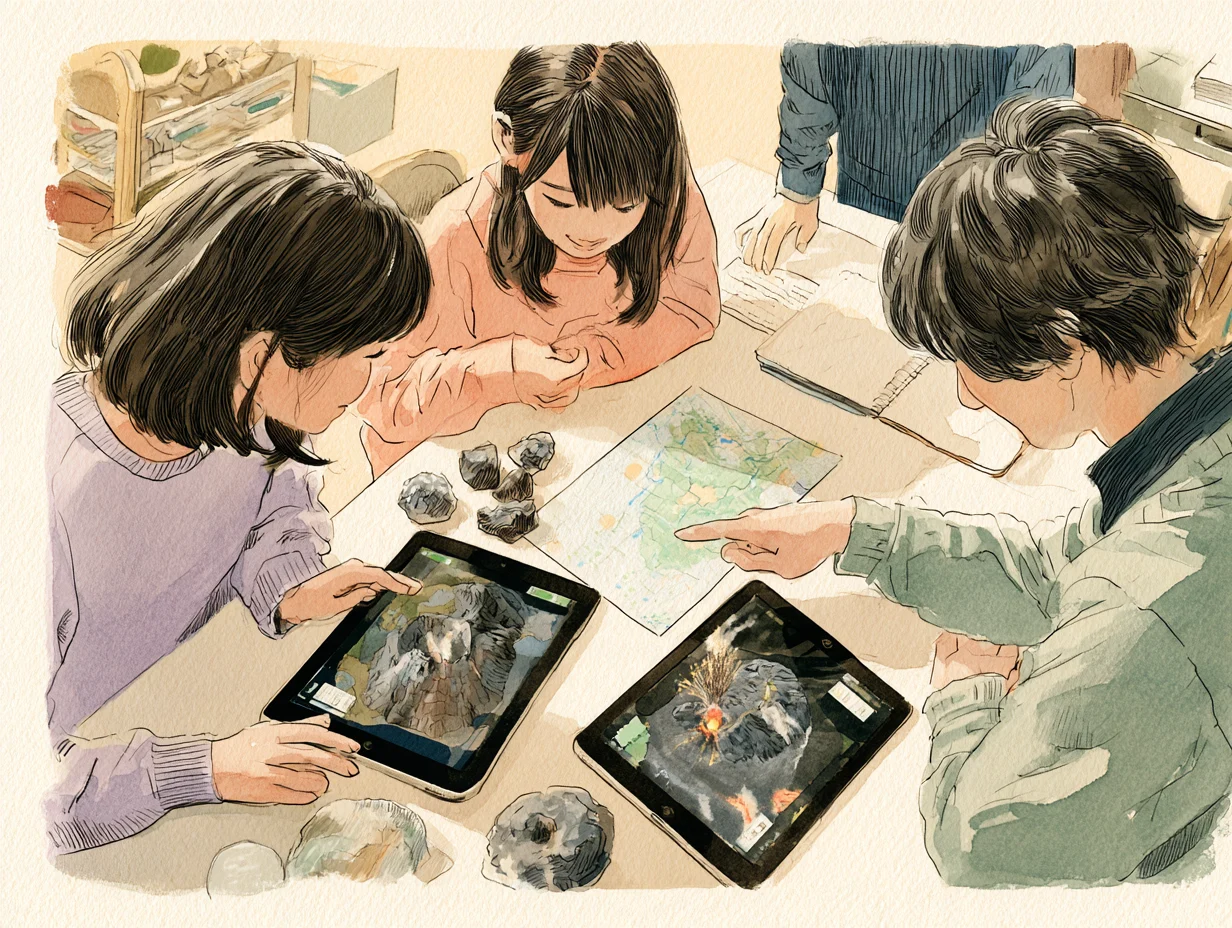 タブレットで噴火シミュレーションを比べる高校生たちの水彩イラスト